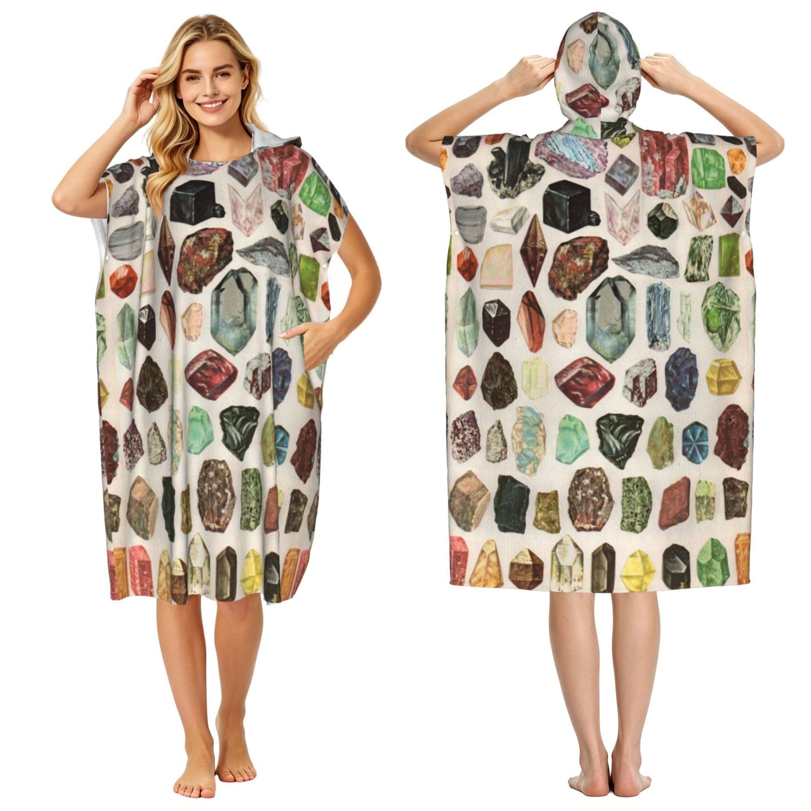 Poadnly Vintage Geology Gemstone Crystal Minerals, Adult Hooded Beach Towel 90 x 110 cm,Changing Bath Robe, Surf Poncho Towel For Women Men