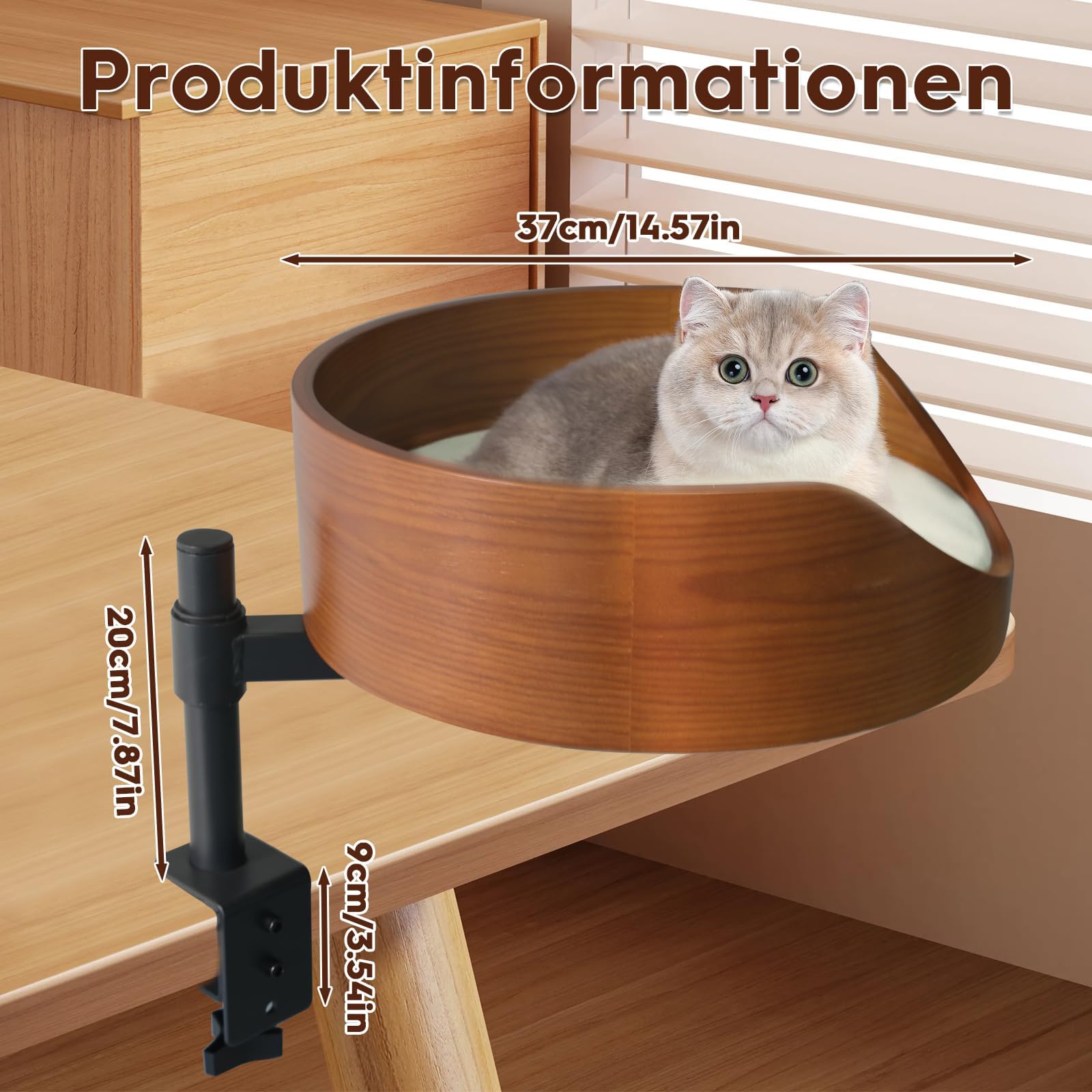 Katzenbett für Schreibtisch mit Haustiermatte,Höhenverstellbares Katzenbett,360° Drehbarer, unterstützt bis zu 35lb,Einklemmschutz und platzsparend, katzenbetten für Tische und Fenstersims