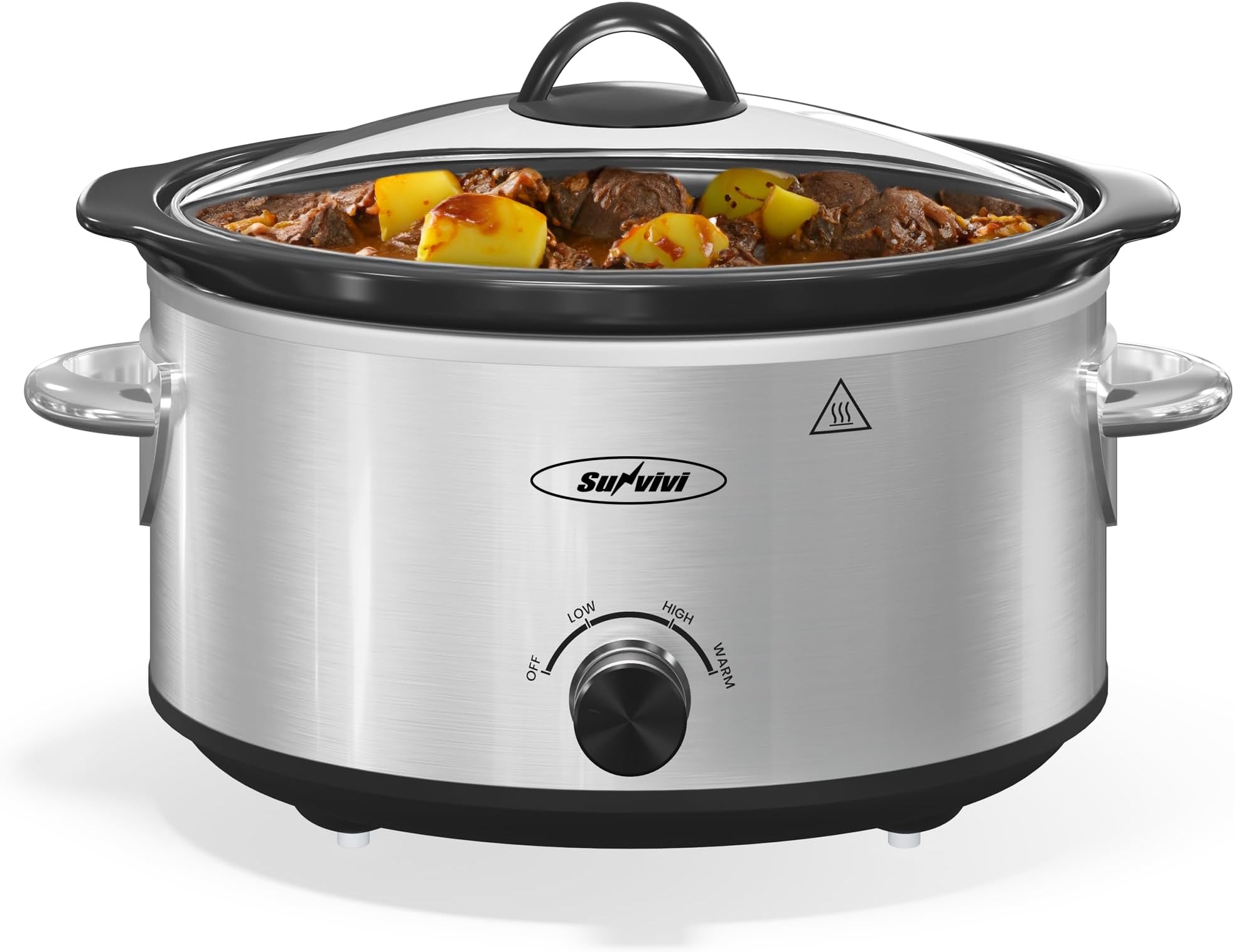 Sunvivi 4QT Slow Cooker & Mini Food Warmer with 3 Heating Settings, Removable Ceramic Pot, Dishwasher Safe Glass Lid, Stainless Steel