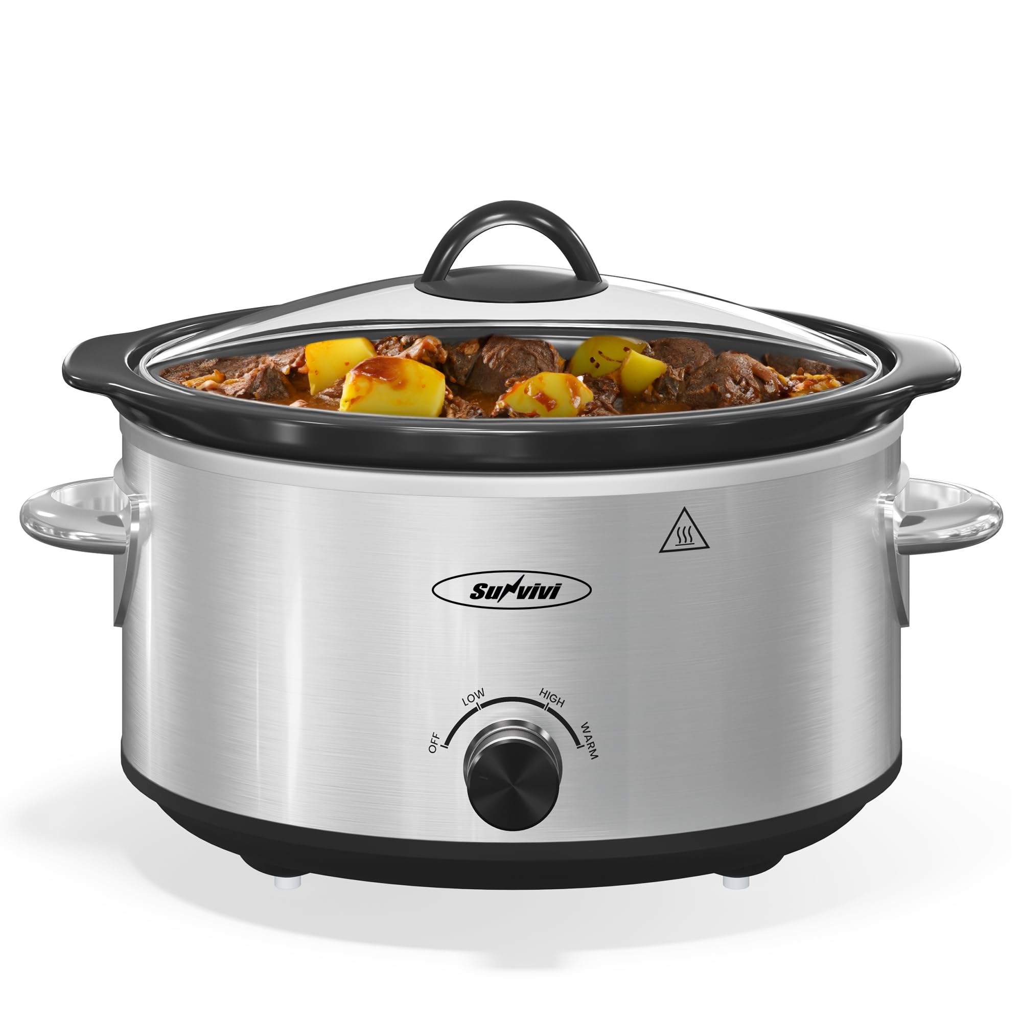 Sunvivi4QT Slow Cooker & Mini Food Warmer with 3 Heating Settings, Removable Ceramic Pot, Dishwasher Safe Glass Lid, Stainless Steel