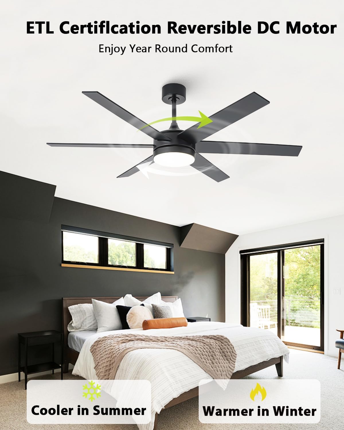 60 Inch Large Ceiling Fans with Lights and Remote, Indoor Outdoor Black Modern Ceiling Fan, 3CCT, Reversible DC Motor Dual-Sided Blades High CFM Ceiling Fan for Bedroom Living Room Patio Garage