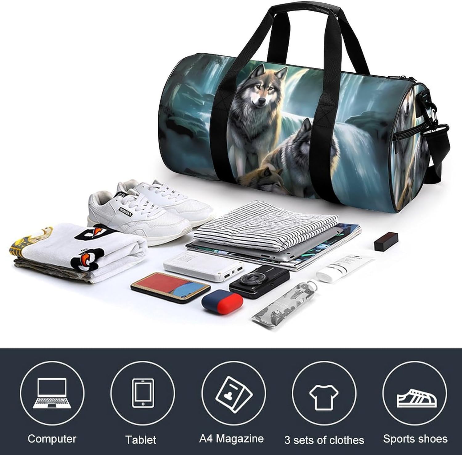Wolf Sunrise Waterfall Print Gym Sport Bag Travel Duffel Bags Weekender Carry on Tote Bags for Women Men