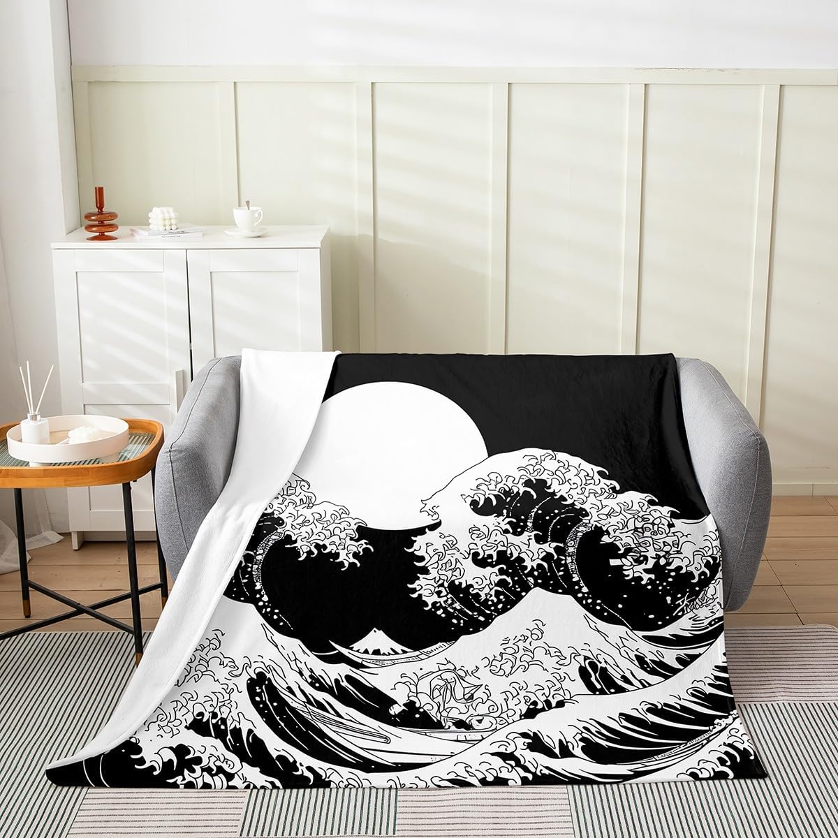 Erosebridal Mount Fuji Blanket Queen 90x90, Japanese Style Sea Waves Sun Throw Blanket, Japanese Ukiyo-E Fleece Blanket, Black White Hills Ocean Fuzzy Blanket for Bedroom Living Room