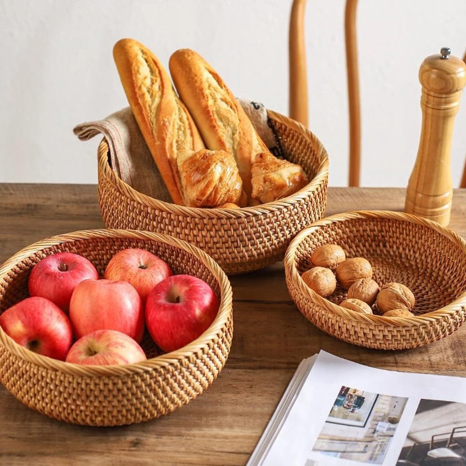 3 Packs Round Woven Tray Natural Hand Vine Woven Fruit Tray Storage Basket Tray for Decor Home Kitchen (High)