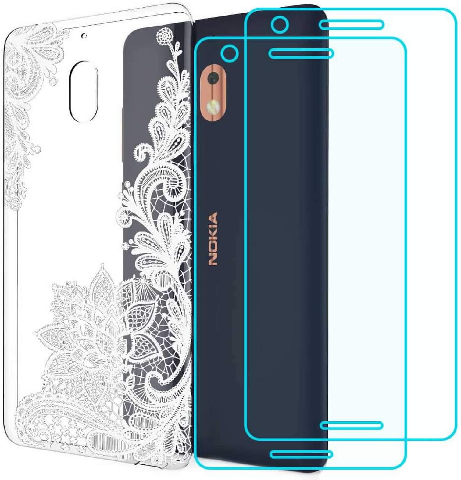 Nokia 2.1 Case with 2 Pack Glass Screen Protector Phone Case for Men Women Girls Clear Soft TPU with Protective Bumper Cover Case for Nokia 2 V-White Flower