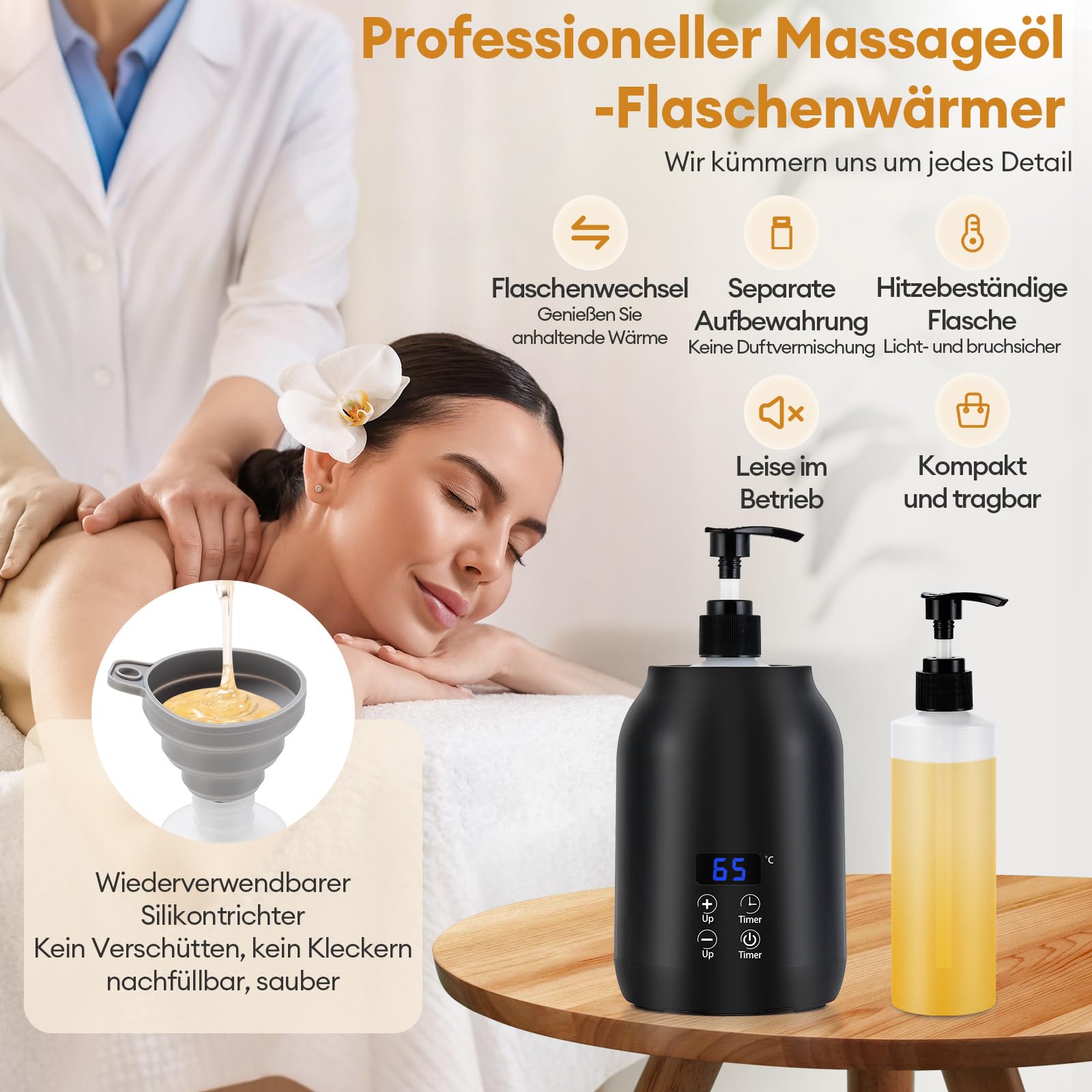 Massageölwärmer mit Zwei 245-ml-Massageölflaschen und Trichter, professioneller Lotionflaschenwärmer, intelligenter Lotionspender mit Touch-Taste, professioneller Salon-Spa-, Creme- und Gelwärmer