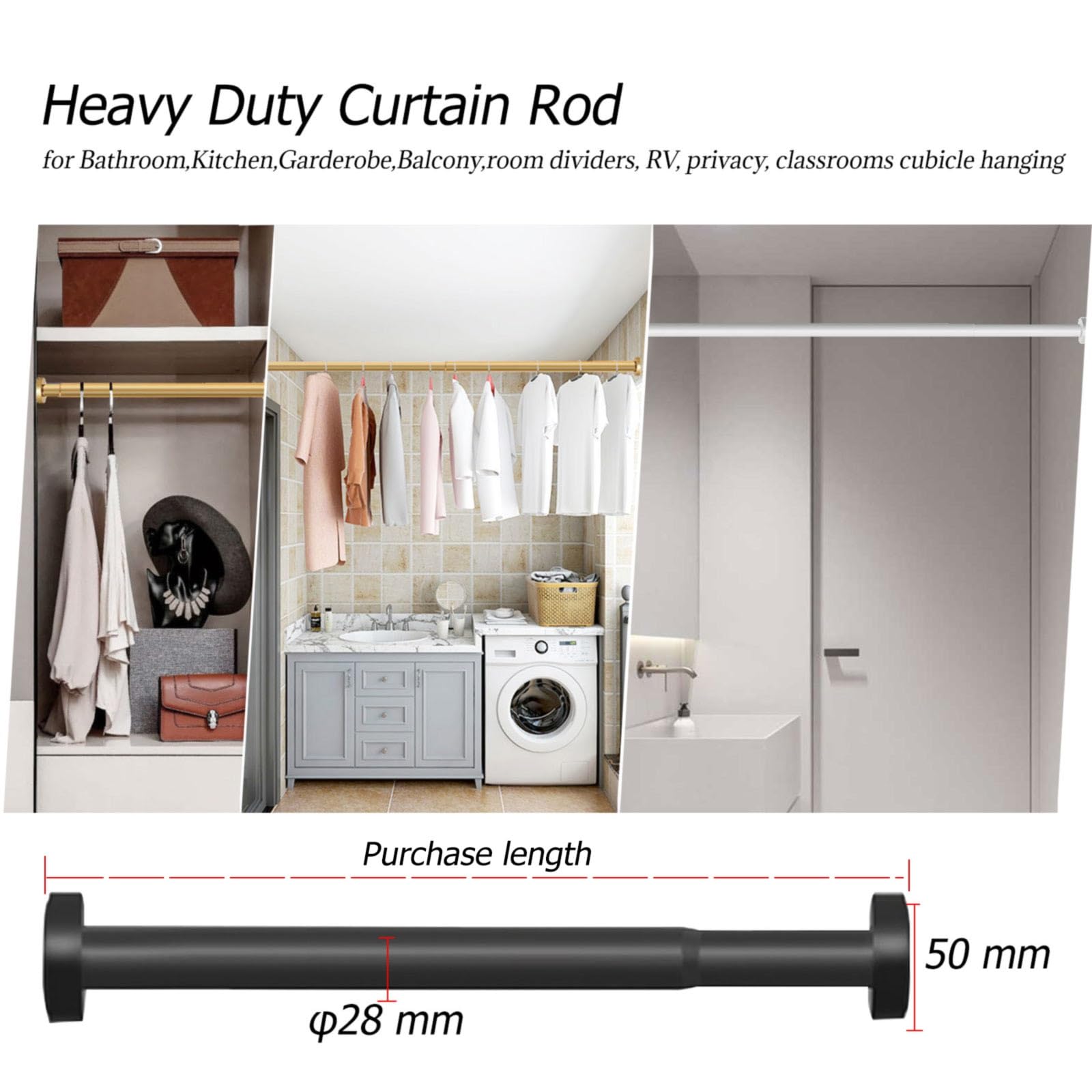 Adjuble - Barra de ducha sin taladrar, resistente al óxido, diámetro de 28 mm, diseño antideslizante para baño, sala de estar, dormitorio (negro, 120-220 cm)