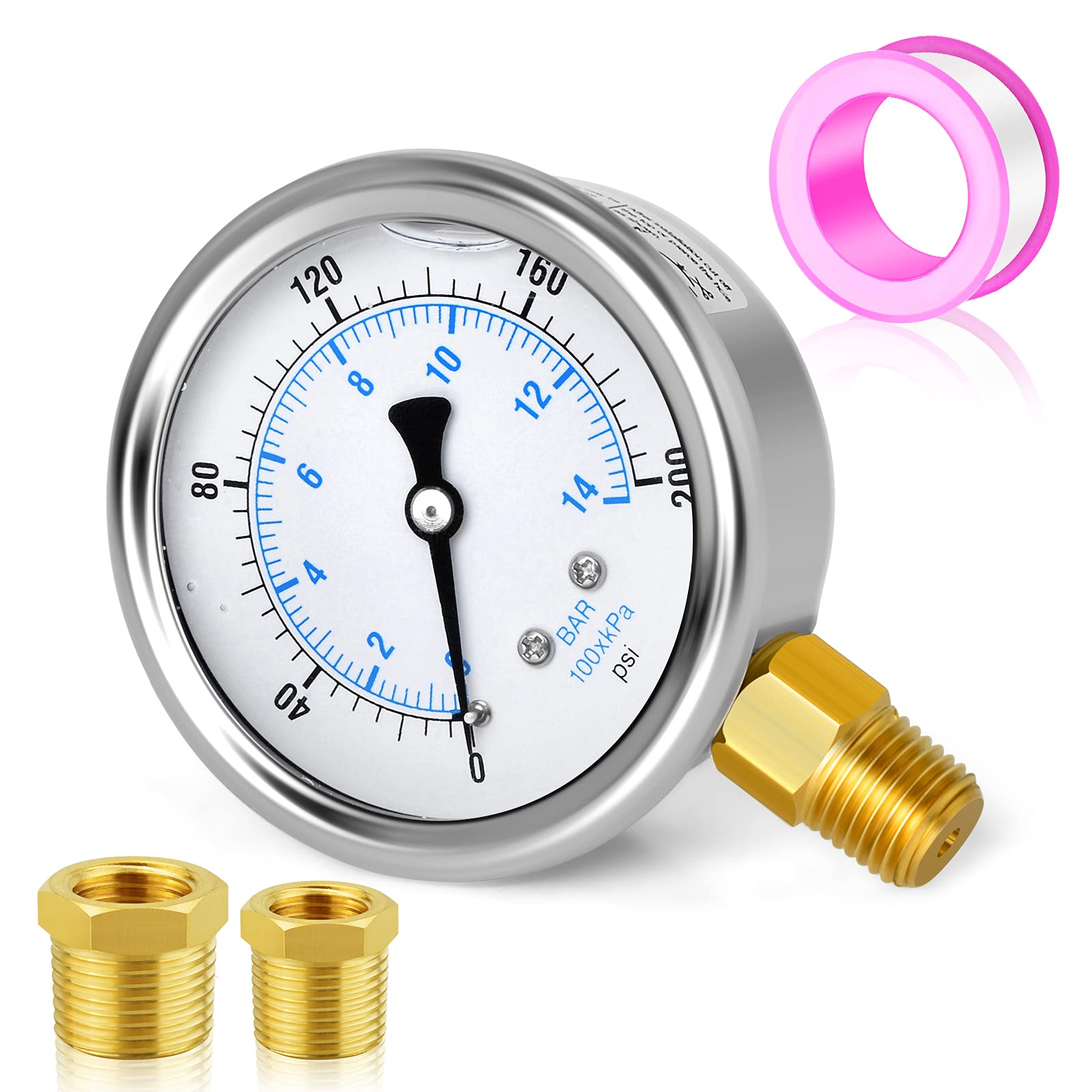 MEANLIN MEASURE Stainless Steel 1/4" NPT 2.5" FACE DIAL Liquid Filled Pressure Gauge WOG Water Oil Gas Lower Mount(0~200Psi)