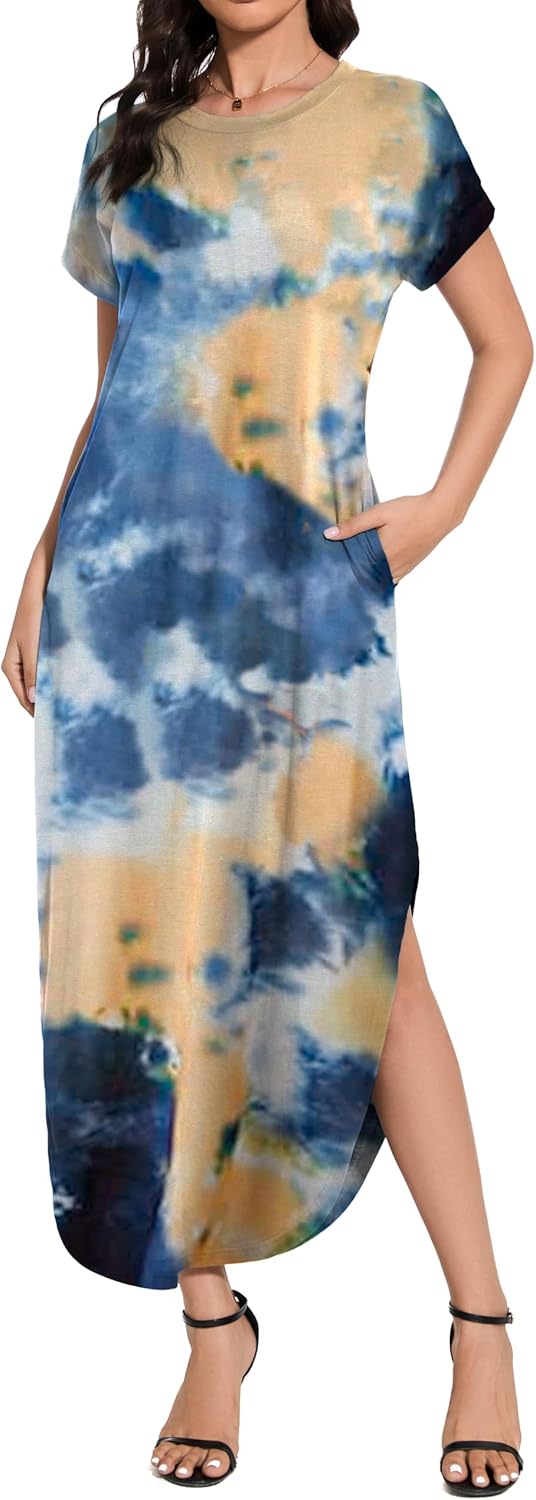 Women Summer Long Sundress Crewneck Short Sleeve Maxi Dress 2026 Casual Loose Beach Dress with Pockets - Image 2