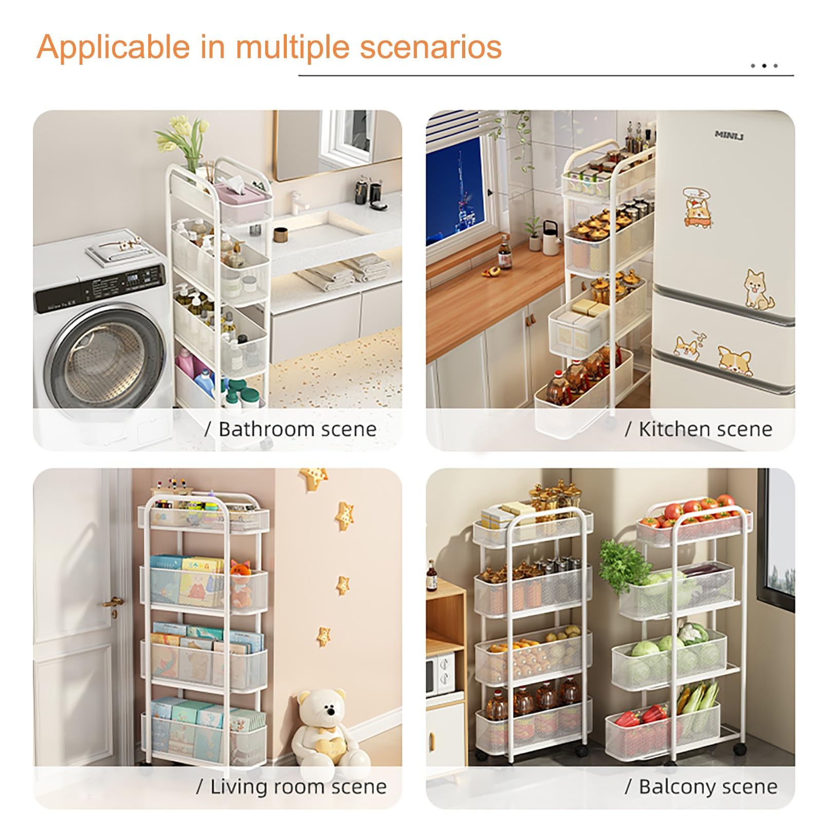 4-stöckiger hoher schmaler Aufbewahrungsschrank mit beweglichen Rädern, ausziehbarer Heim-Organizer, mobiles Regal, ausziehbar, ideal für Badezimmer, Küche, Wäsche, Aufbewahrung, Organisation