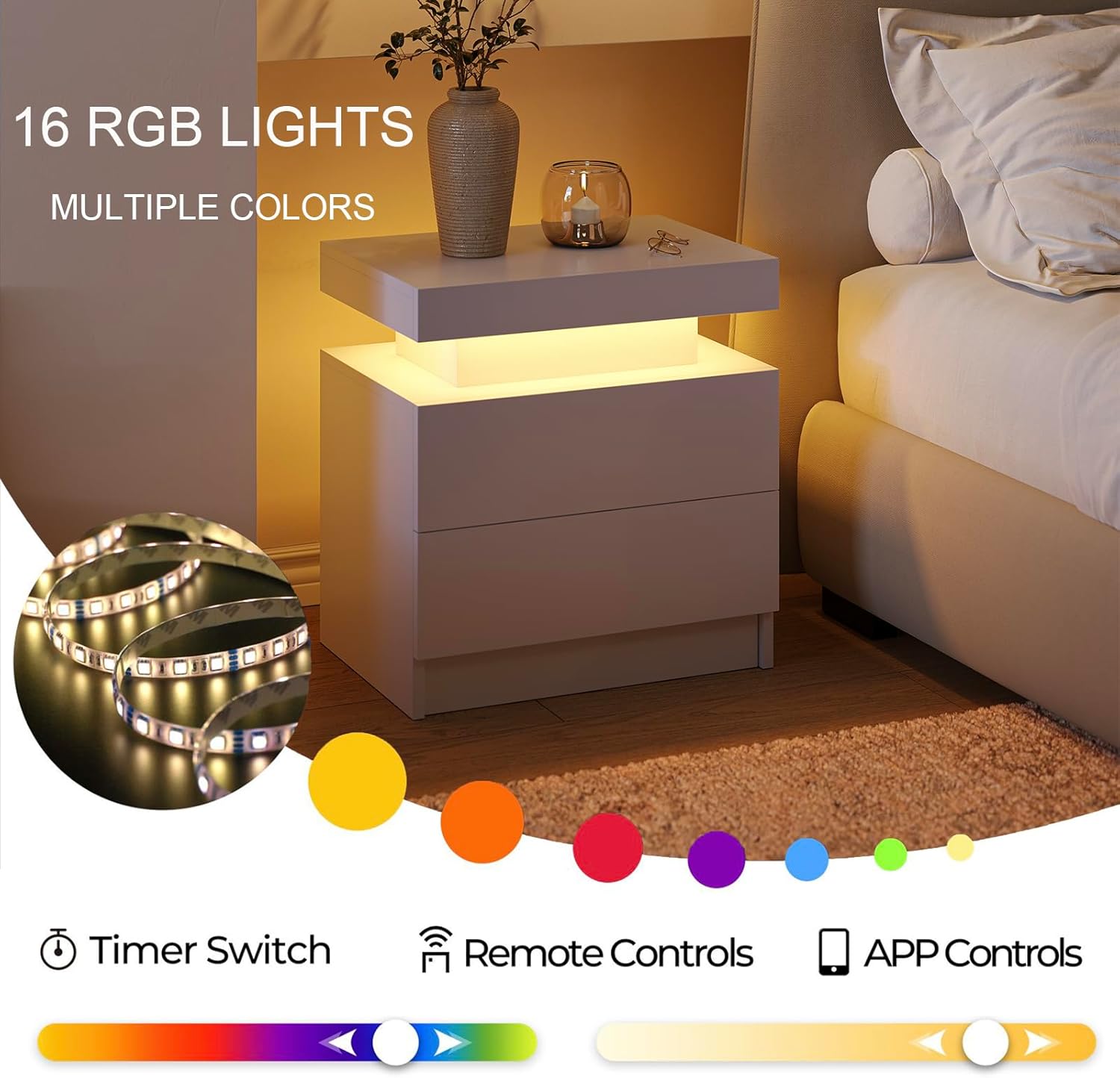 Nightstands Set of 2, Bedside Tables with LED Lights, Night Stands with 2 Wood Drawers, End Tables Set of 2 for Living Room/Bedroom