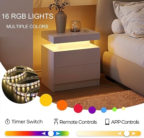 Miniatura 6 de Juego de 2 mesitas de noche LED blancas para dormitorio, mesa de noche LED moderna blanca con 2 cajones, mesa auxiliar auxiliar