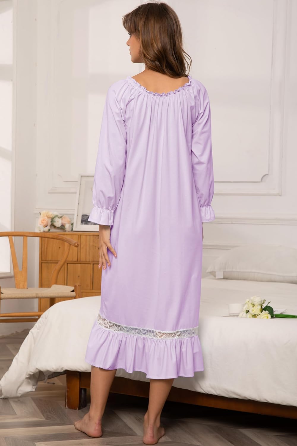 Nanxson Womens Cotton Nightgown Long Sleeve Sleepwear Vintage Victorian Lace Nightdress Loungewear - Image 4
