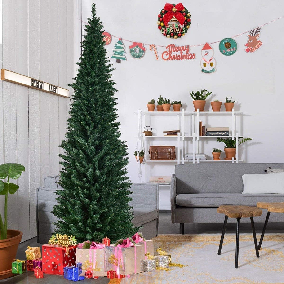 Artificial Christmas tree decorated in a living room