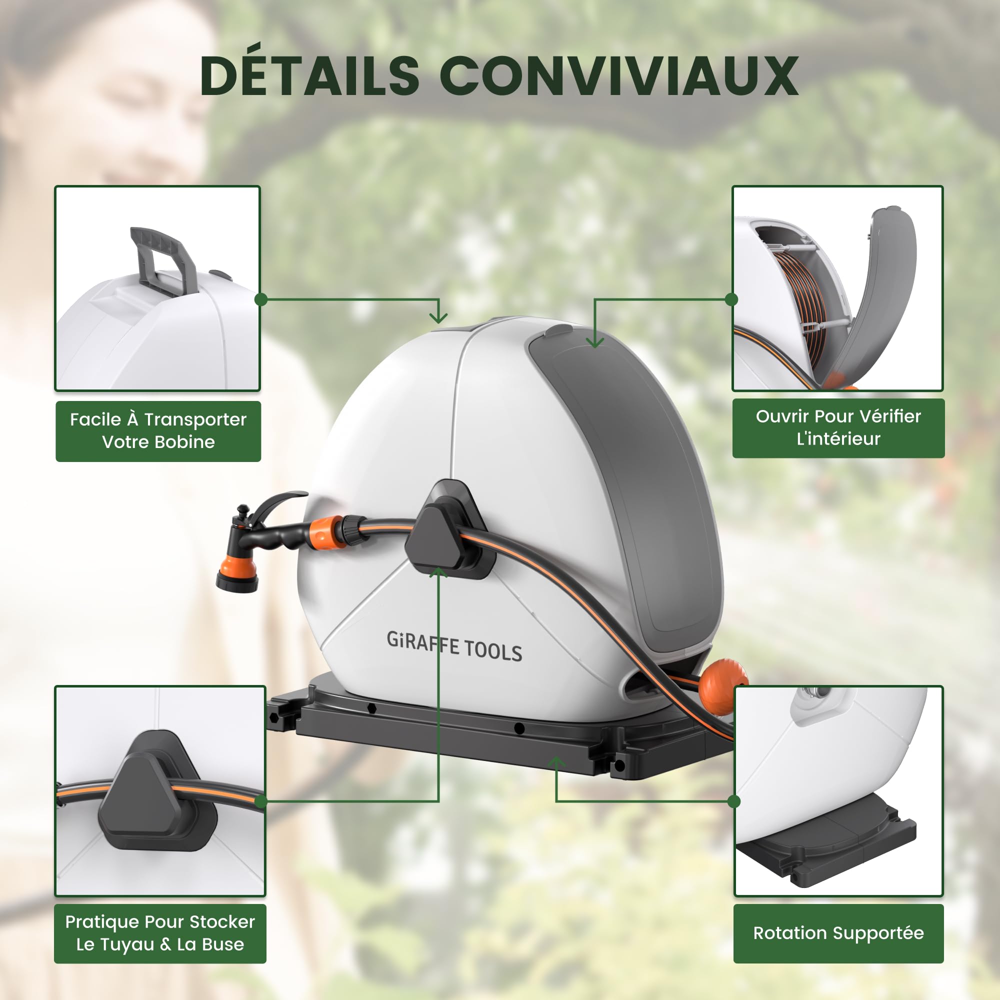 Giraffe Tools Enrouleur de tuyau d'arrosage rétractable de 40 m, très résistant, avec buse de pulvérisation 7 fonctions et 360° base pivotante flexible
