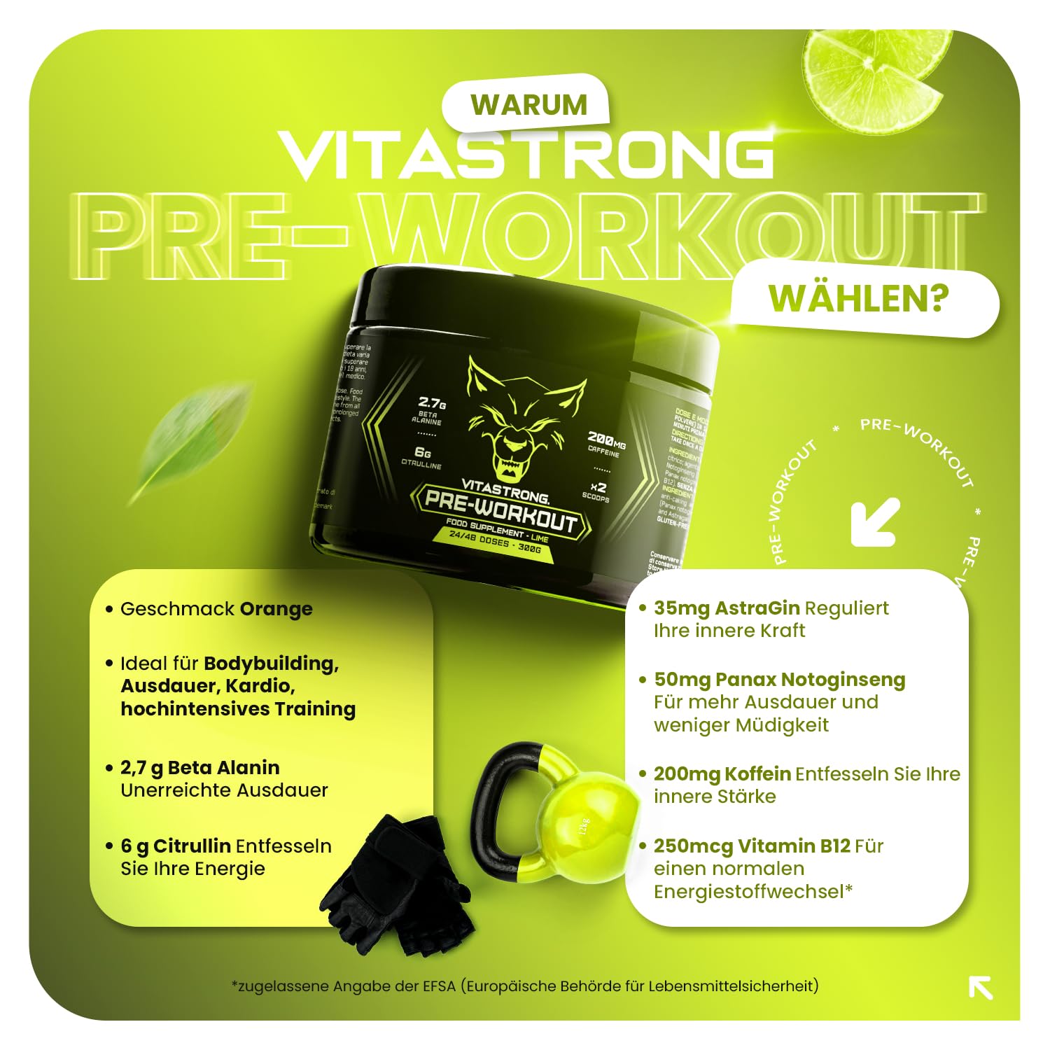 Pre Workout Booster mit Koffein 300g, Vegan Preworkout mit Vitamin B12, Citrullin, Beta-Alanin, Koffein Pulver, Taurin Pulver, AstraGin, Vitastrong Pre Workout (24 Portionen (1er-Packung), Lime)