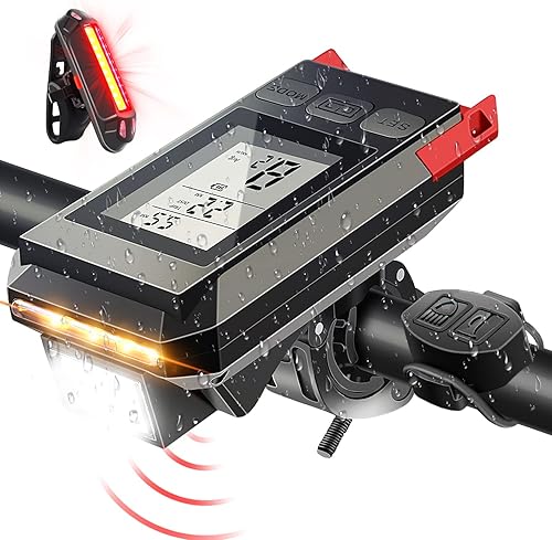 Hrusitoo Juegos de luces delanteras y traseras para bicicleta con pantalla LCD, velocímetro y bocina, recargable por USB, con faro y luz trasera,