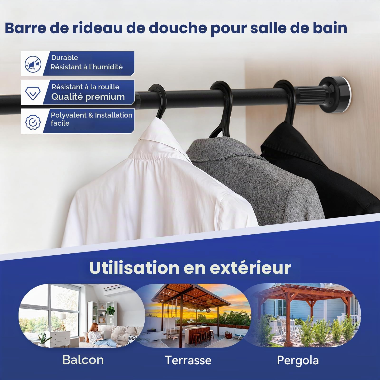 Vista Tringle Rideau sans Percage 32mm de Diamètre Réglable de 390 à 480cm | Tringle Rideau Extensible sans Percage, Antidérapante et Verrouillable Adaptée aux Fenêtres Domestiques