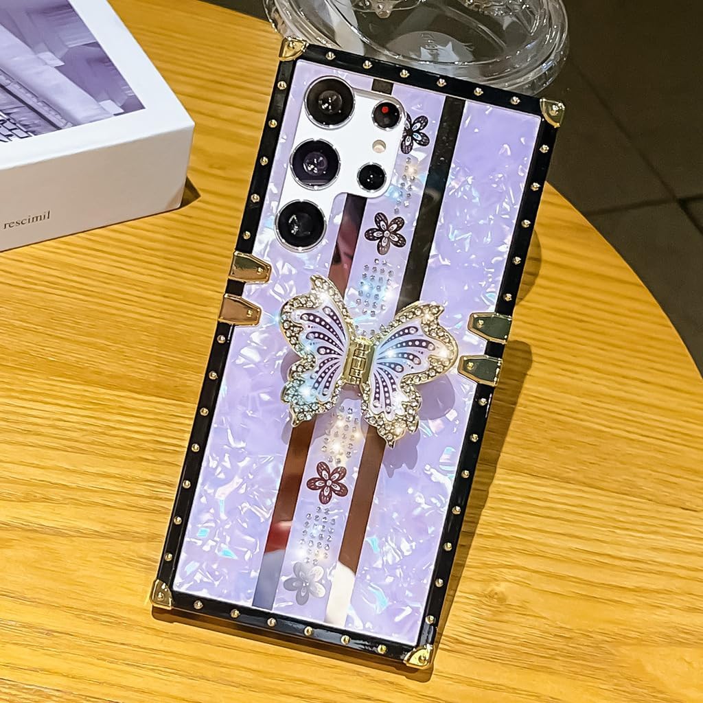 compatible with samsung galaxy s21 ultra case, luxury bling butterfly design with foldable stand kickstand for women & girls, flexible shockproof protective case 6.8” (purple) purple samsung galaxy s21 ultra