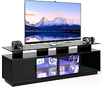 Ansefe 70 Inch Black TV Stand with RGB LED Lights, USB Charging Station, Power Outlet & Glass Door Storage Entertainment Center
