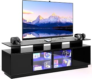 70 Inch Black TV Stand for Living Room, LED Entertainment Center for Gaming, Modern TV Cabinet Console, Transparent Glass Door Storage Cabinet