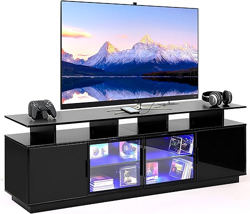 Ansefe 70 Inch Black TV Stand with LED Lights, Power Strips, and USB Charging Station for Mobile Phones, Transparent Glass Door Storage Cabinet, Entertainment Center with Large Storage Space
