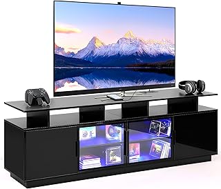 70 Inch Black TV Stand with LED Lights, Power Strips, and USB Charging Station