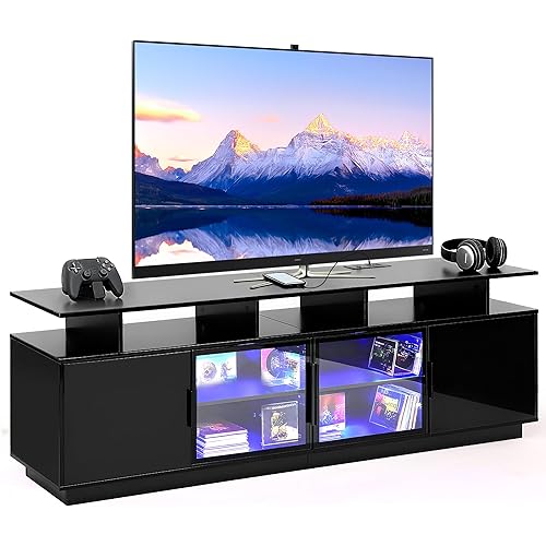 70 Inch Black TV Stand with LED Lights, Power Strips, and USB Charging Station for Mobile Phones, Transparent Glass Door Storage Cabinet, Entertainment Center with Large Storage Space
