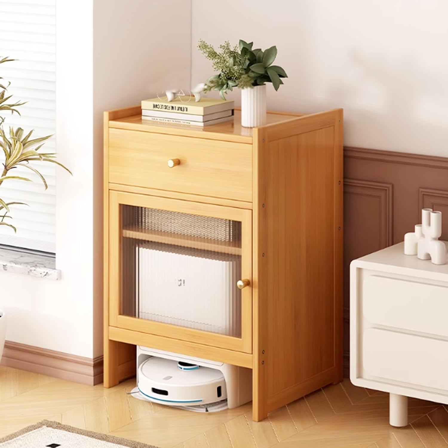 Vacuum Storage Cabinet,Bamboo Robot Vacuum Stand Cabinet,with Acrylic Doors And Detachable Shelves,Robot Vacuum Cabinet