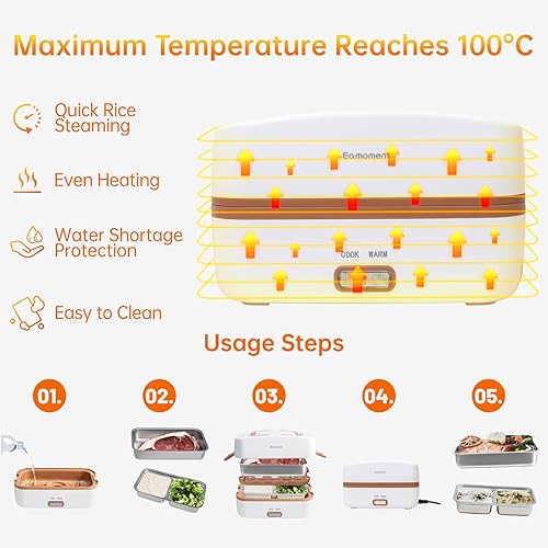 Miniatura 4 de Fiambrera eléctrica marrón, calentador de alimentos de 270 W, acero inoxidable 304, capacidad estándar de 33.8 fl oz, calefaccióncocinamantiene el
