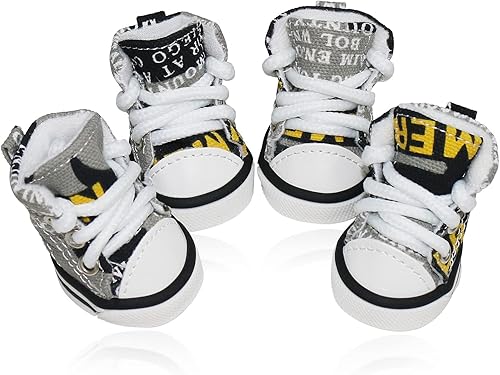 Miniatura 9 de BESUNTEK - 4 zapatos deportivos de lona para cachorros, antideslizantes, con graffiti y gato, cubierta protectora para patas, para caminar al aire