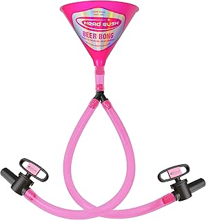 Head Rush Pink Double Header 2-Tube Beer Bong, 8" x 6.5" Plastic Funnel with Dual Flexible Hose, 2 2-ft Long Thick Tubes for Parties and Games for Adults.