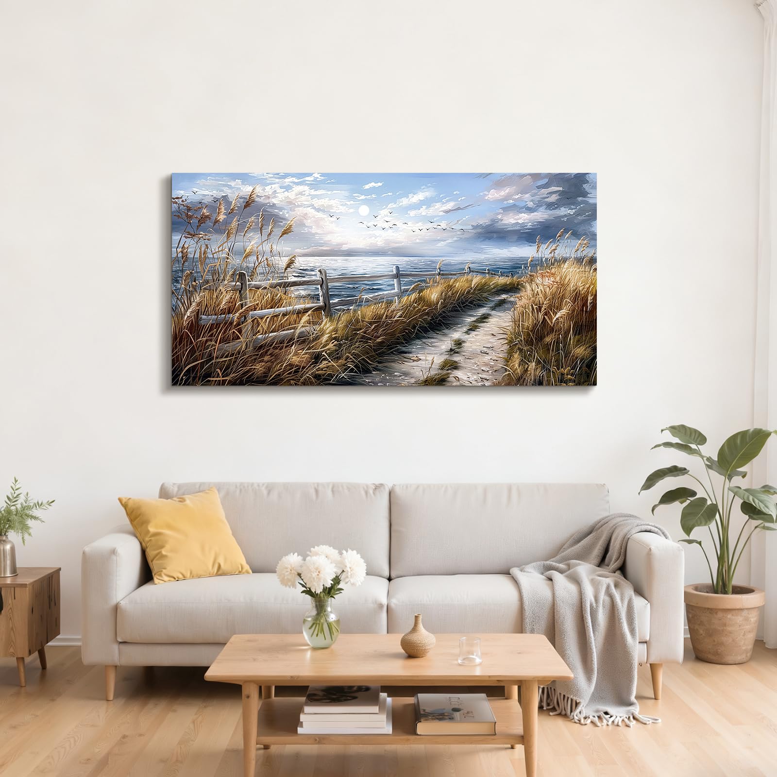 JHHUAMO Quadro Moderno Soggiorno Paesaggio Mare Camera da Letto 73x146 cm | Fiori Selvatici Sulla Costa, Stampa HD, Lavorazione Raffinata, Installazione Semplice, Uso Versatile