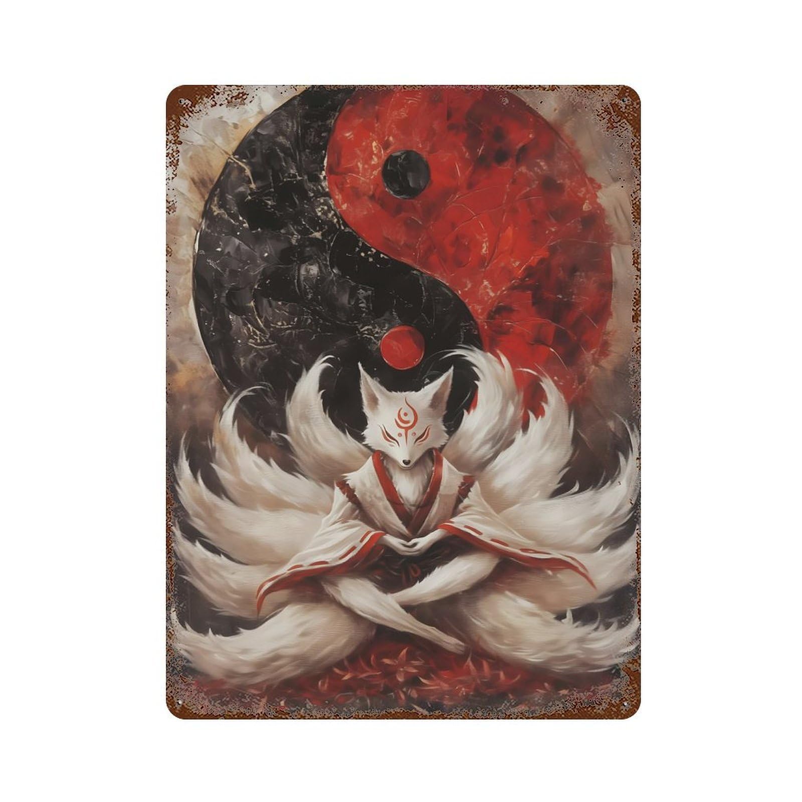 Vintage Metal Tin Sign Nine-Tailed Fox Yin Yang 15.7"x11.8", Classic Wall Plaque for Pub, Kitchen And Man Cave Decor