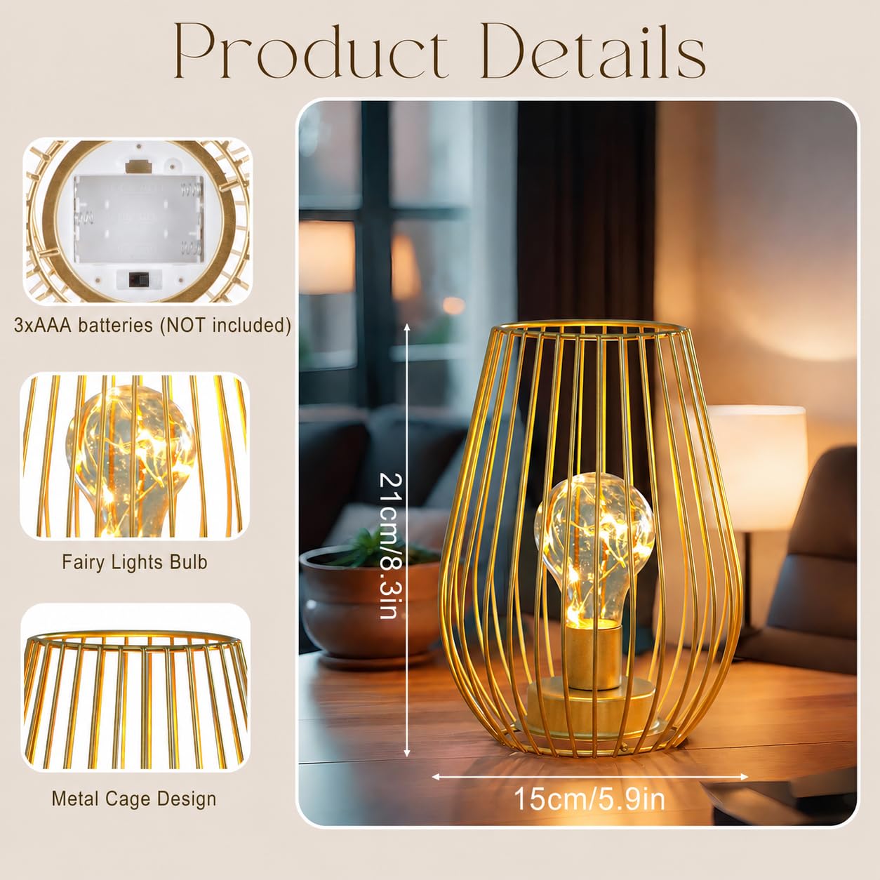 TRIROCKS Set di 2 lampade da tavolo senza fili in metallo, altezza 20 cm, a forma di gabbia, alimentate a batteria, per interni ed esterni, per Natale, giardino e matrimoni (oro)