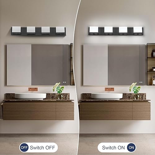 Miniatura 4 de SineRise Lámparas LED modernas para tocador de baño (4 luces, 30 pulgadas, 6000 K), accesorios de iluminación de pared de acrílico moderno negro