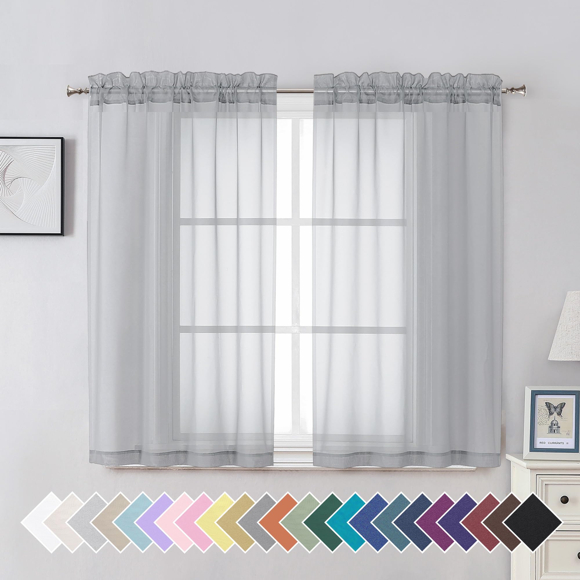 Aiyufeng Light Grey Sheer Curtains 45 Inch Length 2 Panels Set, Light Filtering Light Grey Window Curtain Drapes Treatment for Kitchen, Bedroom,Children Room, Dual Rod Pocket, 2 Pack of 42 x 45"