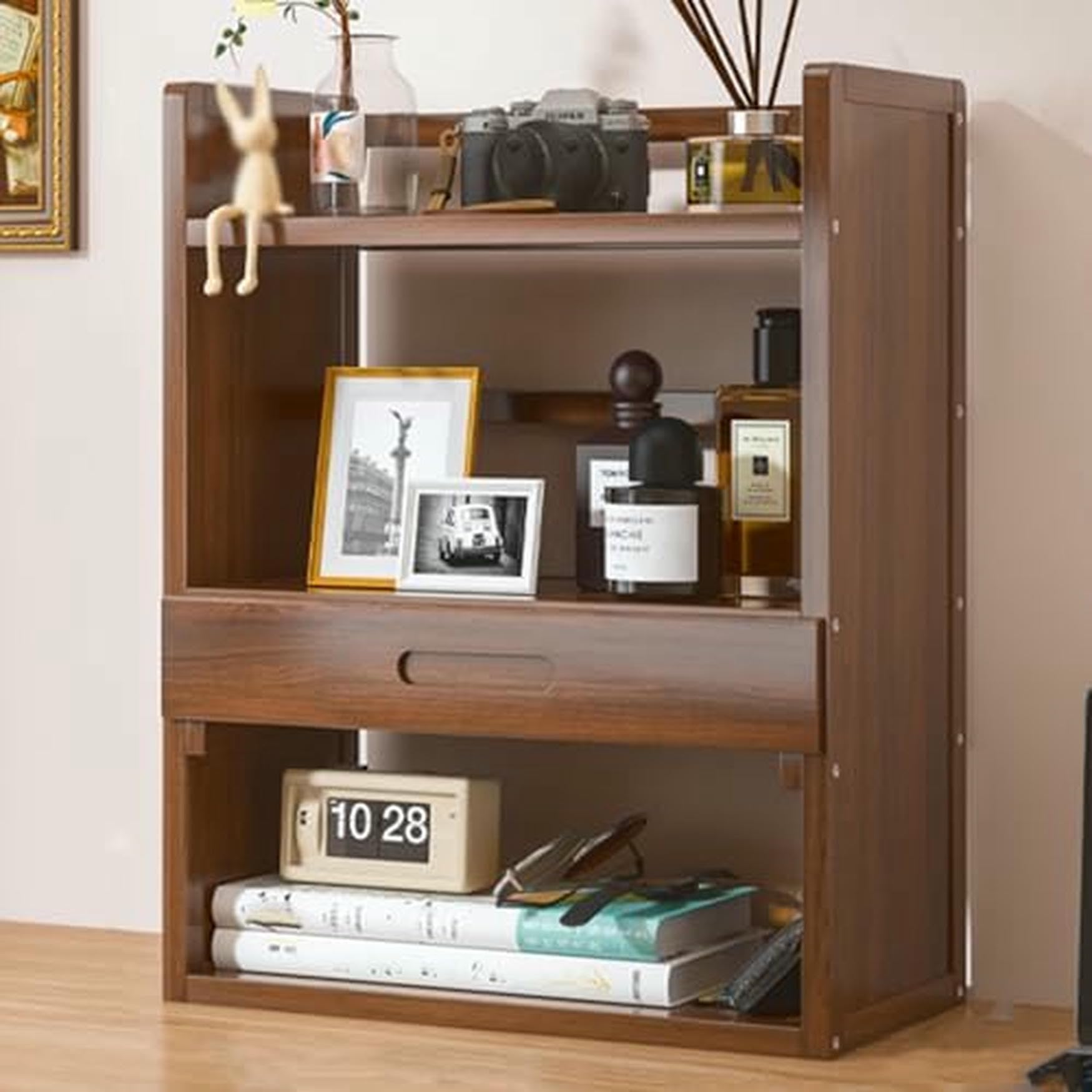CWCQGH Walnut Desk Hutch Top Only - Desktop Bookshelf & Wooden Storage Rack for Home Office & College Dorm - Space-Saving Organizer with Drawer for Counters,Walnut Three-layer+Drawer-40cm