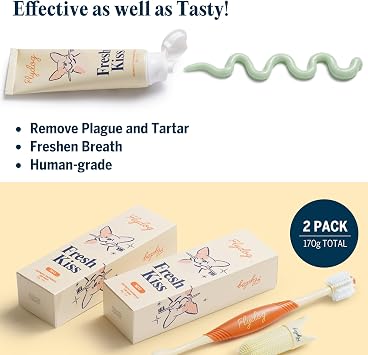 FlyDog Fresh Kiss Dog Tooth Brushing Kit - Vet Approved Formula, Enzymatic Dog Toothpaste and Brush - Breath Freshener & Tartar Remover, 360 Toothbrush & Finger Brush, Dental Guide, Mint Flavor