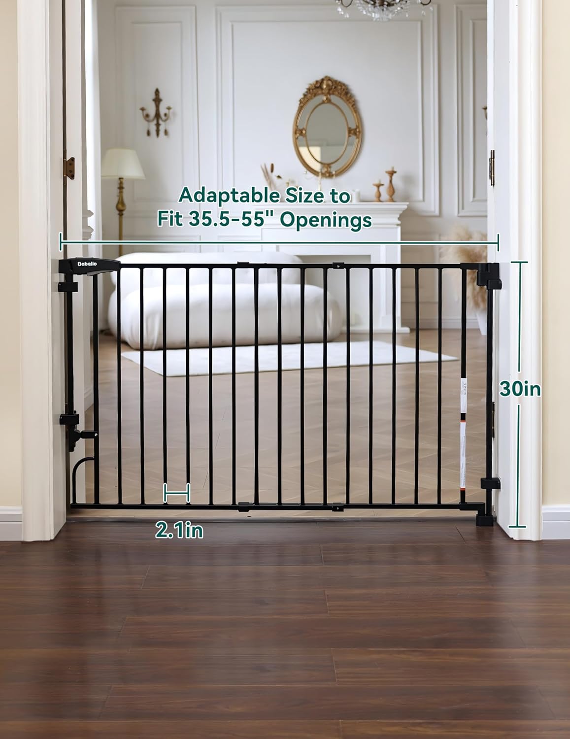 Babelio Removable & No Bottom Bar Baby Gate, 35.5-55" Hardware Mounted (Drill Needed)| Wide Walk-Thru| Auto-Close Safety Dog/Pet Gate for Stairs & Doorways (Black, 35.5-55" W, 30" H)