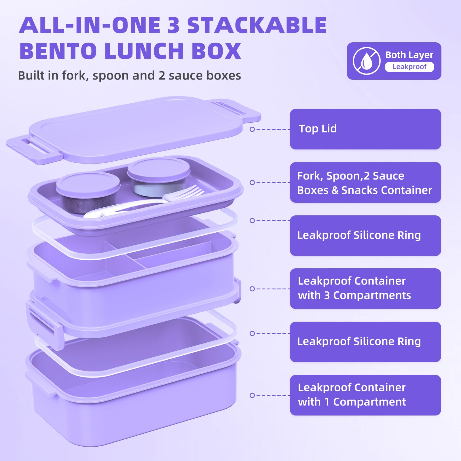 Boîte à bento pour adultes avec sac à déjeuner pour femmes – Boîte à déjeuner empilable tout-en-un pour adultes et enfants – Grande boîte à déjeuner Bento étanche avec fourchette, cuillère, boîte à