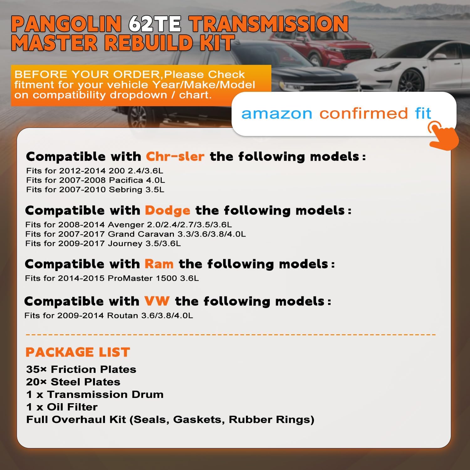 PANGOLIN 62TE Transmission Master Rebuild Kit fits for Chry-sler 200 Pacifica Sebring Town & Country Dodge Avenger Grand Caravan 2008-UP, Replace 68272623AB
