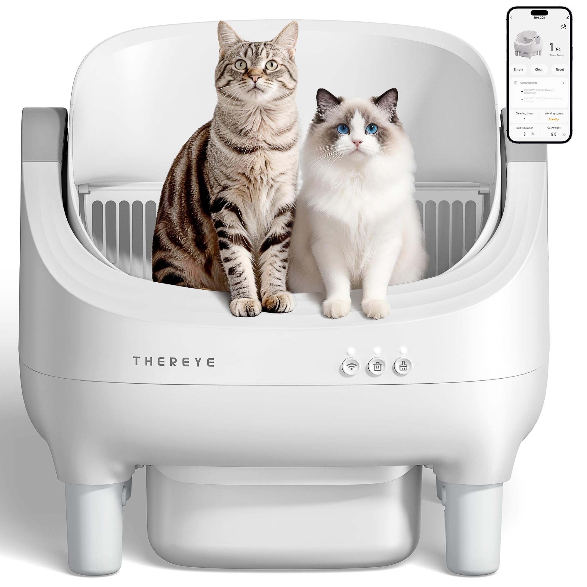 Thereye Self Cleaning Cat Litter Box, Open-Top Automatic Litter Box with APP Control, Safety Sensor and 10L Large Waste Bin, Smart Kitty Litter Boxes with Trash Bags and Mat for Multiple Cats