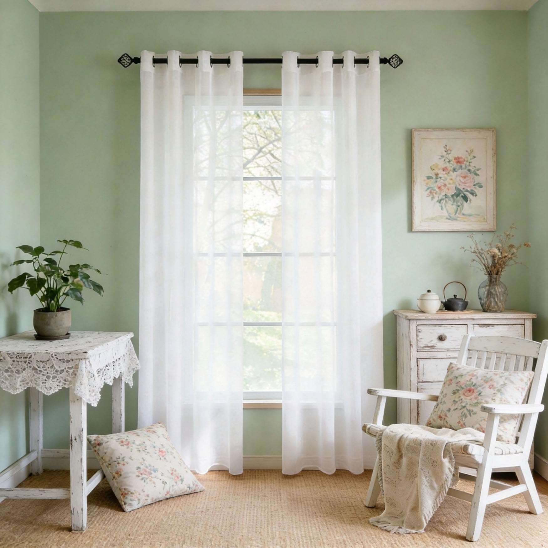 Voile Vorhänge 210 x 185 cm Uv-Beständig, Lichtfilternde Einfarbig mit Ösen Voile Vorhänge Transparent Modern Pflegeleicht für Wohnzimmer Kinderzimmer, Weiß