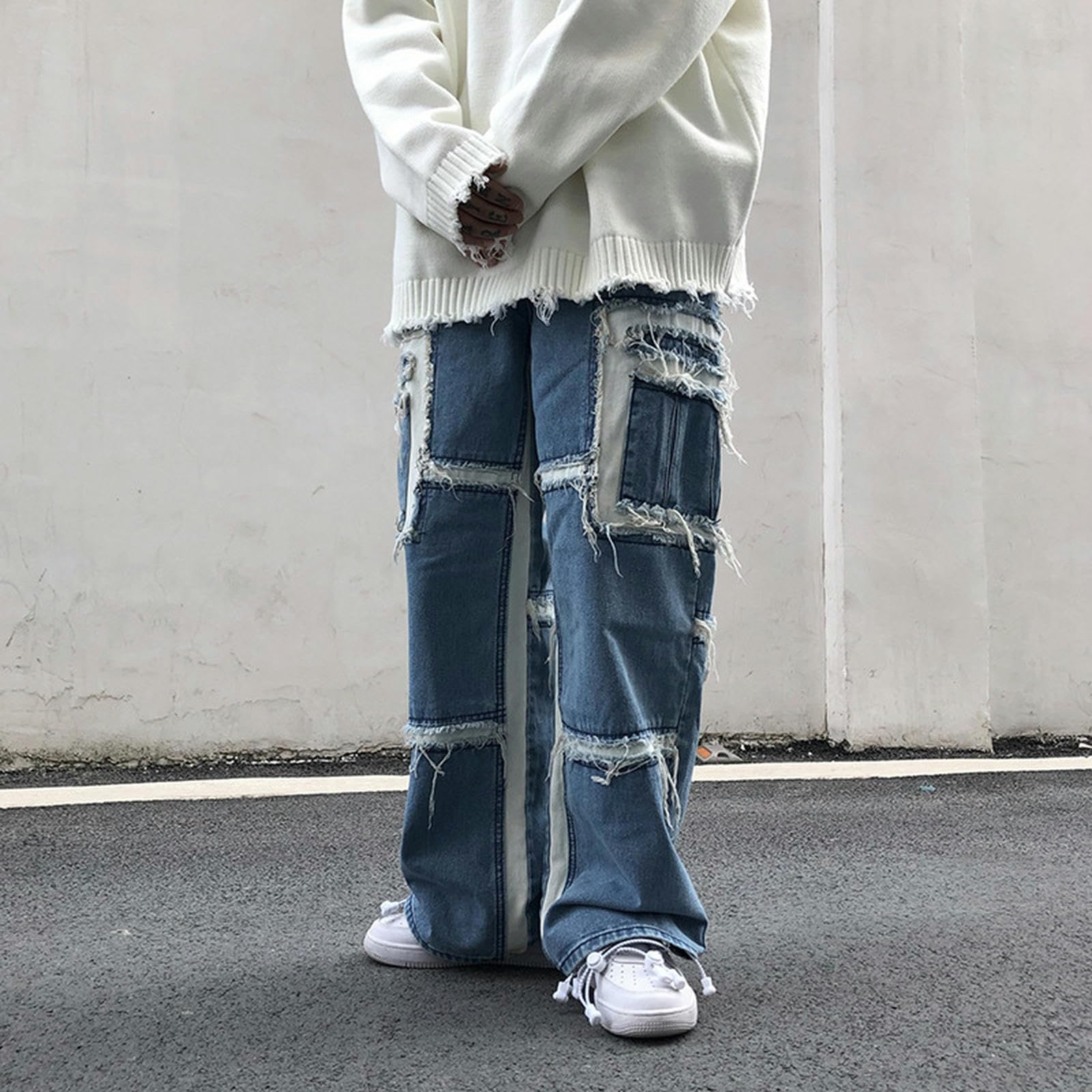 Jeans da Uomo a Gamba Larga, Larghi, con Cuciture strappate - Blu - S