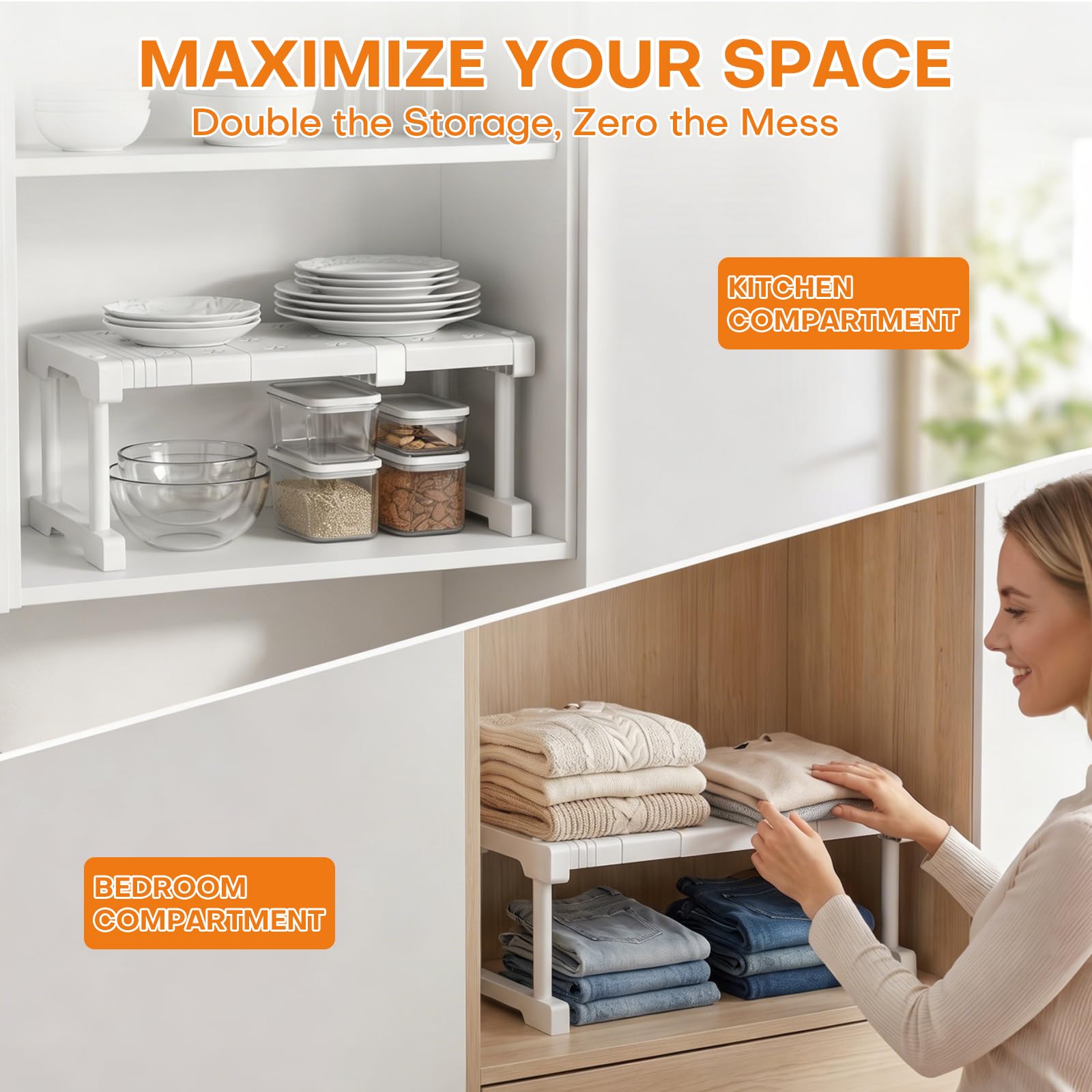 FARYODI Scaffali regolabili per armadio, ripiani espandibili, altezza 22 cm, larghezza 24 cm, lunghezza regolabile 27-38 cm, per armadio, cucina, bagno