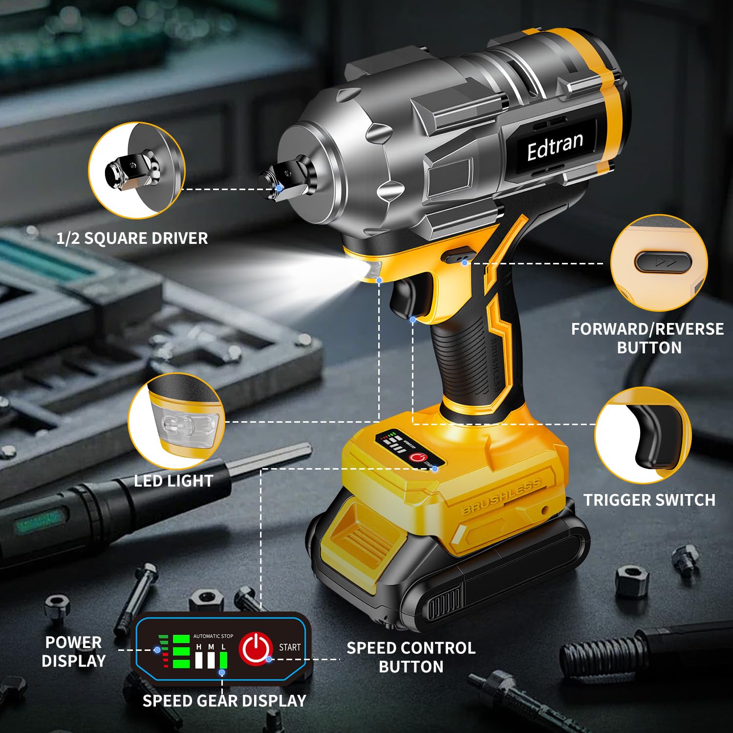 Llave de impacto inalámbrica de 1/2 para batería Dewalt de 20 V, 1500 Nm/1106 pies de libra, destornillador de impacto sin escobillas, herramienta de pistola de impacto de 4 velocidades, 2100 RPM de
