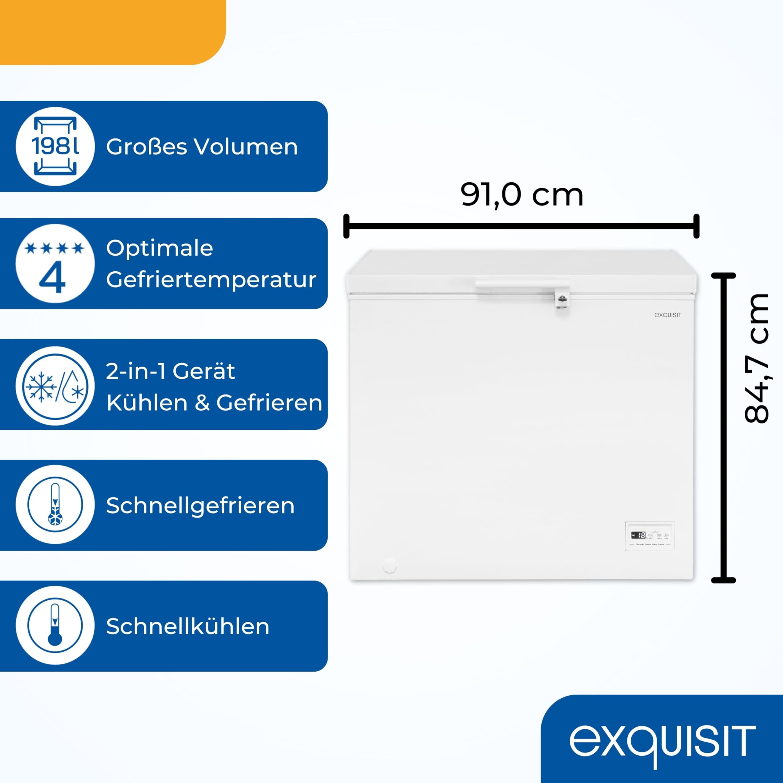 Exquisit GT201-HE-040E Gefriertruhe - 198 Liter Kühlbox mit 4-Sterne-Fach | 2-in-1 Funktion mit Kühlen & Gefrieren - Abschließbar - 200 kWh/Jahr - LED-Licht & Schnellgefrier-Modus - Inklusive 2 Körbe
