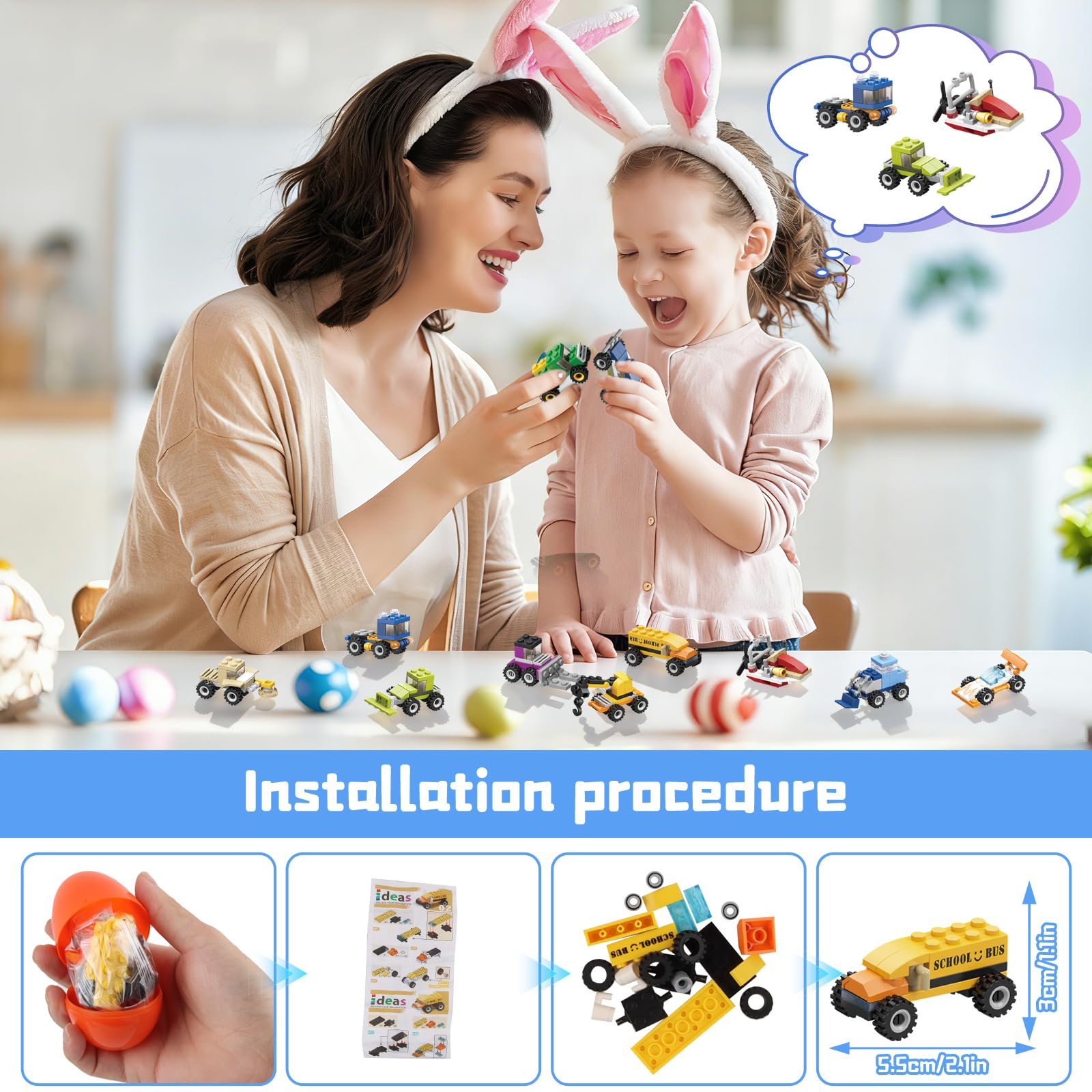 dellyy 12 Pezzi Easter Eggs Bambini, Regalo Pasqua Bambini, Uovo di Pasqua con Blocchi da Costruzione di Auto, Idee Regalo Pasqua, Uova Giocattolo per Bambini, per Caccia alle Uova (Veicoli)