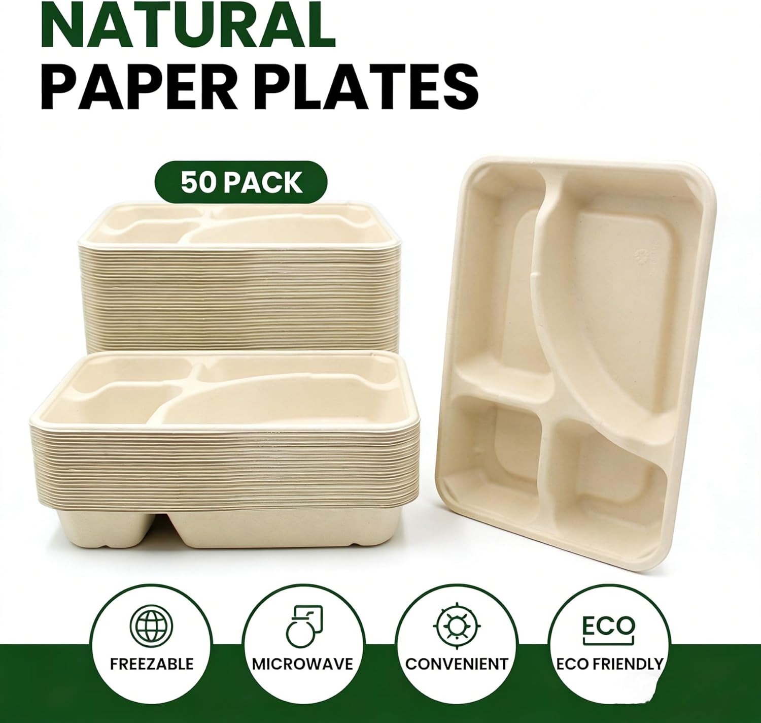 50 Pack Compostable Paper Plates, Heavy Duty Sugarcane Fiber Compartment Plate, Microwave Safe Divided Tray for Adults, for Meal Prep, Buffets, Dips, Picnic, School,Party, Freezer Safe